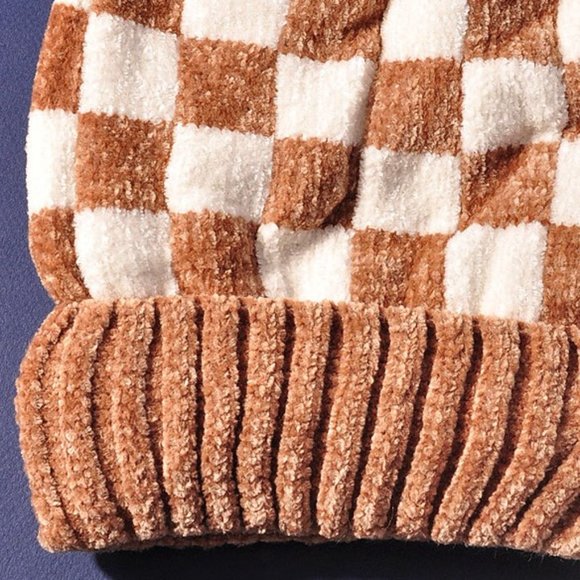 NEW Checkerboard Checked Super Soft Velour Cozy Fleece Lined Pom Pom Beanies Hat - Picture 7 of 11